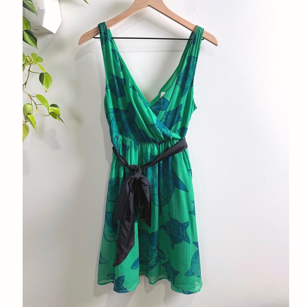 Moulinette Soeurs 100% Silk Green Sea Turtle Fit & Flare Dress V-Neck 0 Coastal